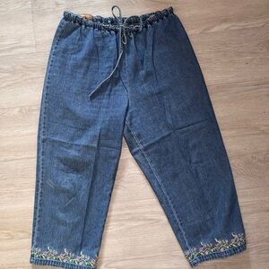 Vintage Women's Blue Embroidered Waist Tie Jeans Large